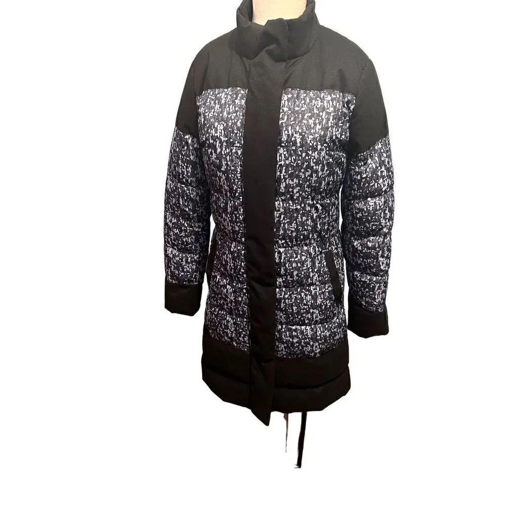 Fabletics Waco Confetti Print Puffer Winter Coat Jacket Black Grey Womens XS